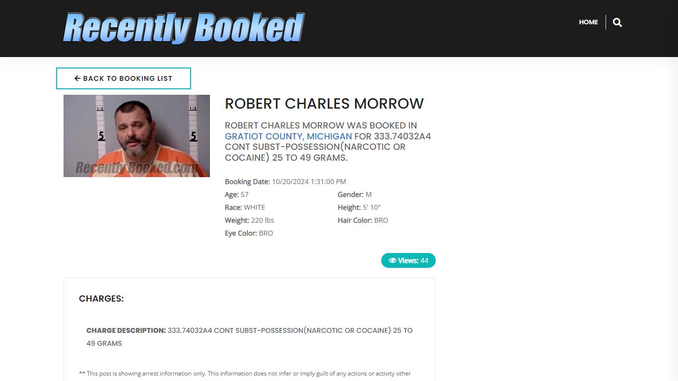 Recent Booking / Mugshot for ROBERT CHARLES MORROW in Gratiot County ...